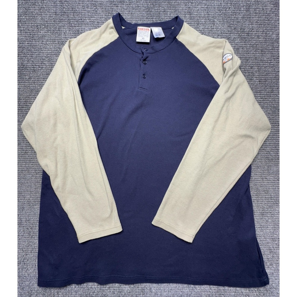Rasco FR Shirt Mens 3XL Blue Tan Long Sleeve Henley Flame Resistant Workwear